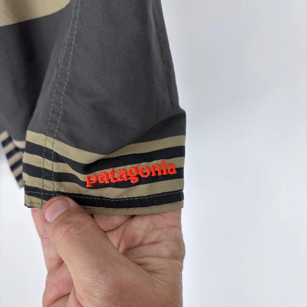 Patagonia Wavefarer Board Shorts Mens 35 Striped Swim Trunks Khaki Surfing Nylon